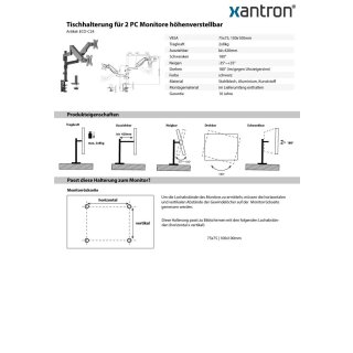 Supporto da tavolo per 2 monitor PC regolabile in altezza, Xantron ECO-C24